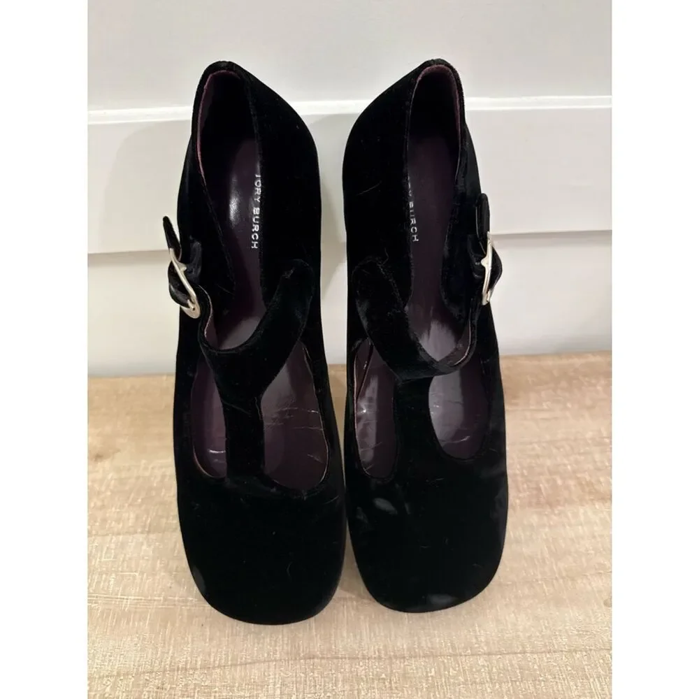 Tory Burch Violet T Strap Shoe in Velvet Black